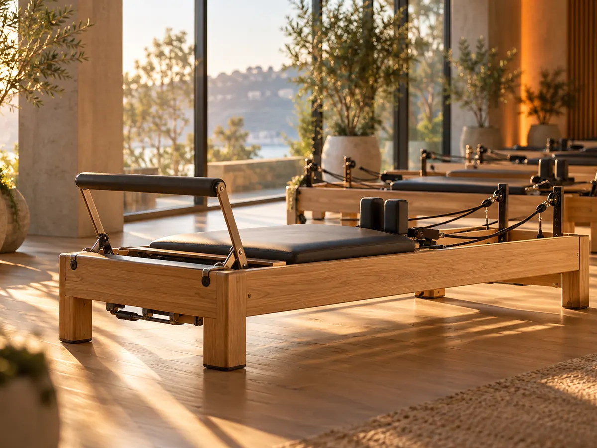Aydınlık bir pilates stüdyosunda sıralı reformer aletleri