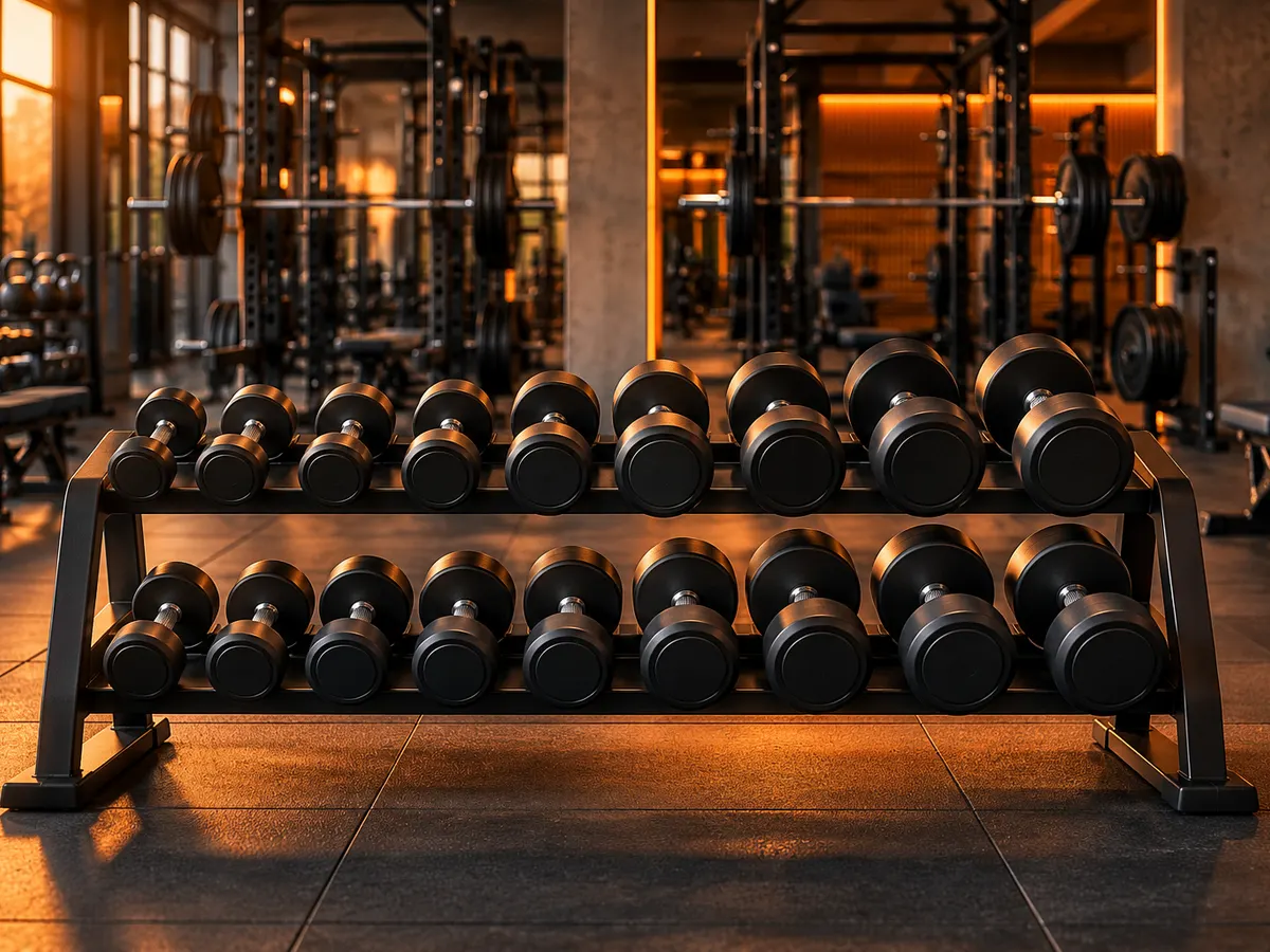Spor salonunda dambıl rafı ve antrenman aletleri
