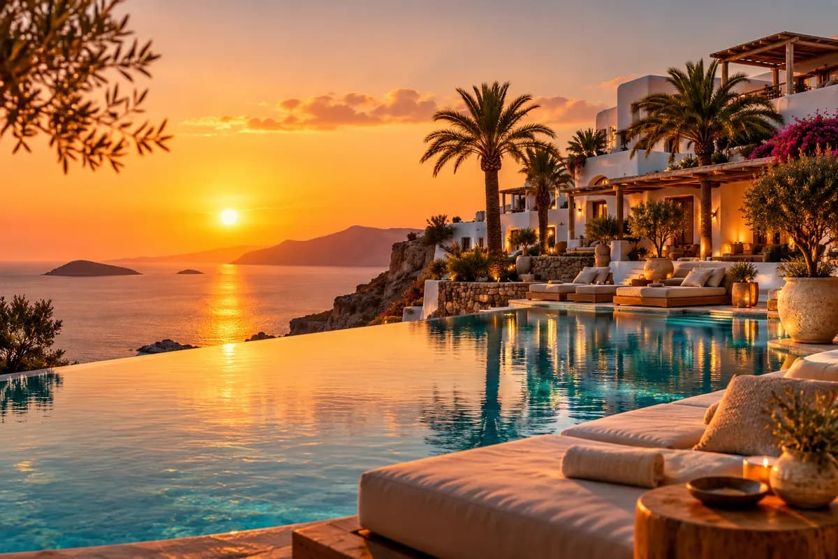 Gün batımında Ege kıyısında sonsuzluk havuzlu otel