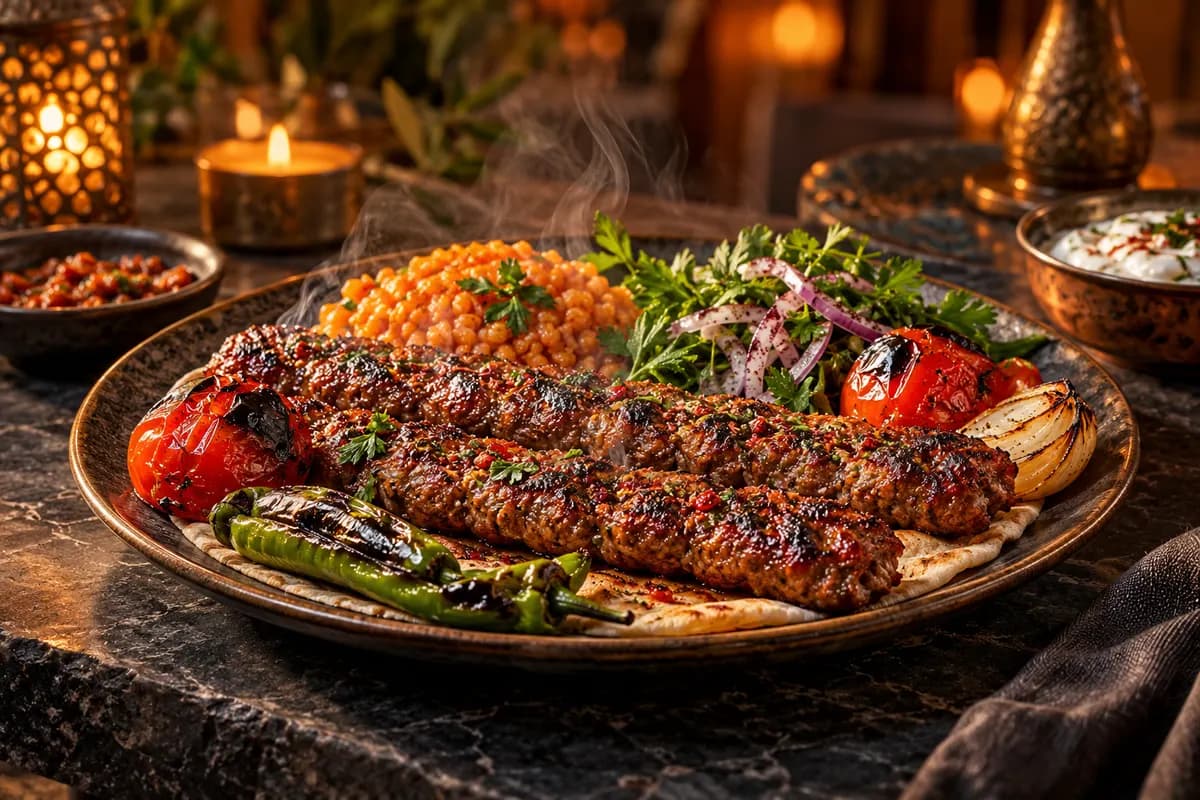Taş masada közlenmiş sebzelerle servis edilmiş kebap tabağı